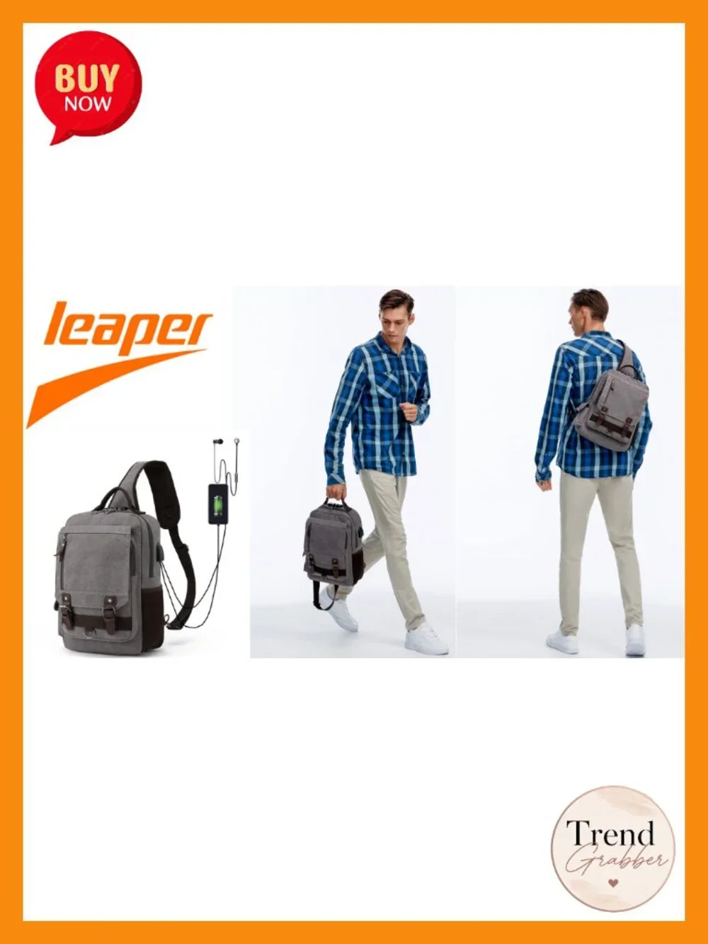 Retro Canvas Crossbody Sling Bag with Laptop Compartment, USB Port, Anti-Theft